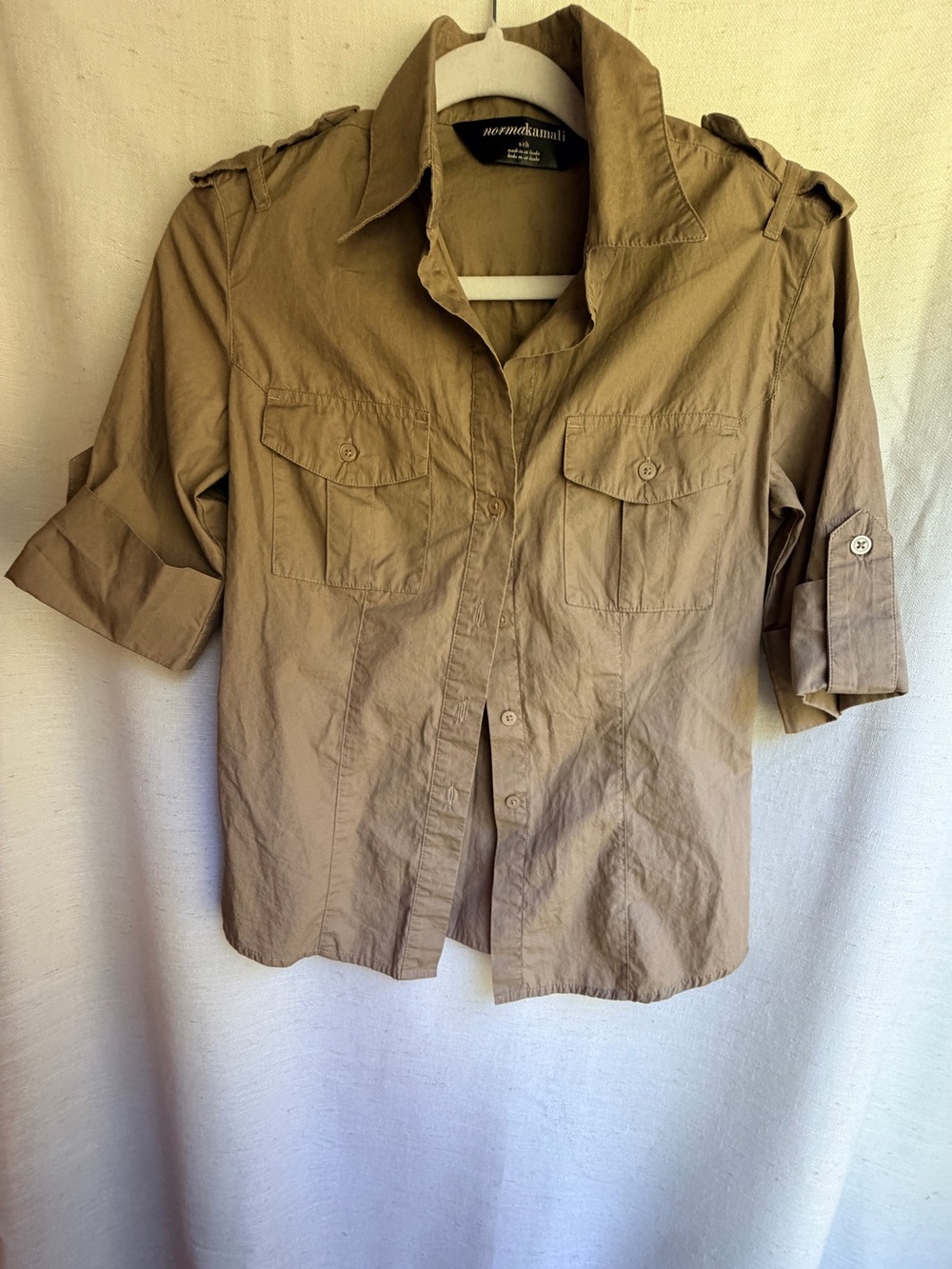 Norma Kamali Cotton Military Utility Safari Shirt Sand Small